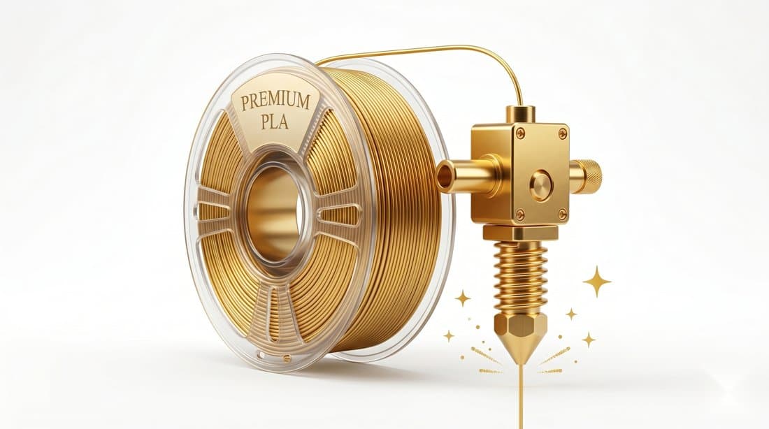 Filamento dourado e extrusora Bambu Lab